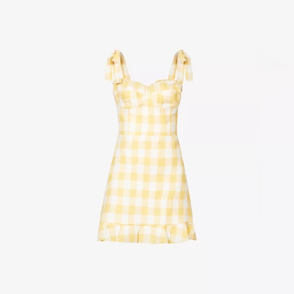 Reformation Desiree Linen Dress in Gingham Yellow - Picture 2 of 5